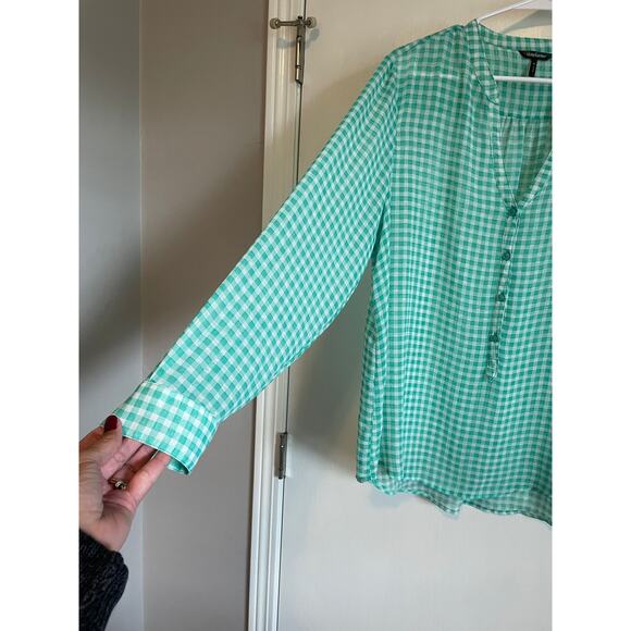 Daisy Fuentes green gingham sheer blouse buttons long sleeve lightweight top XL - Picture 4 of 8